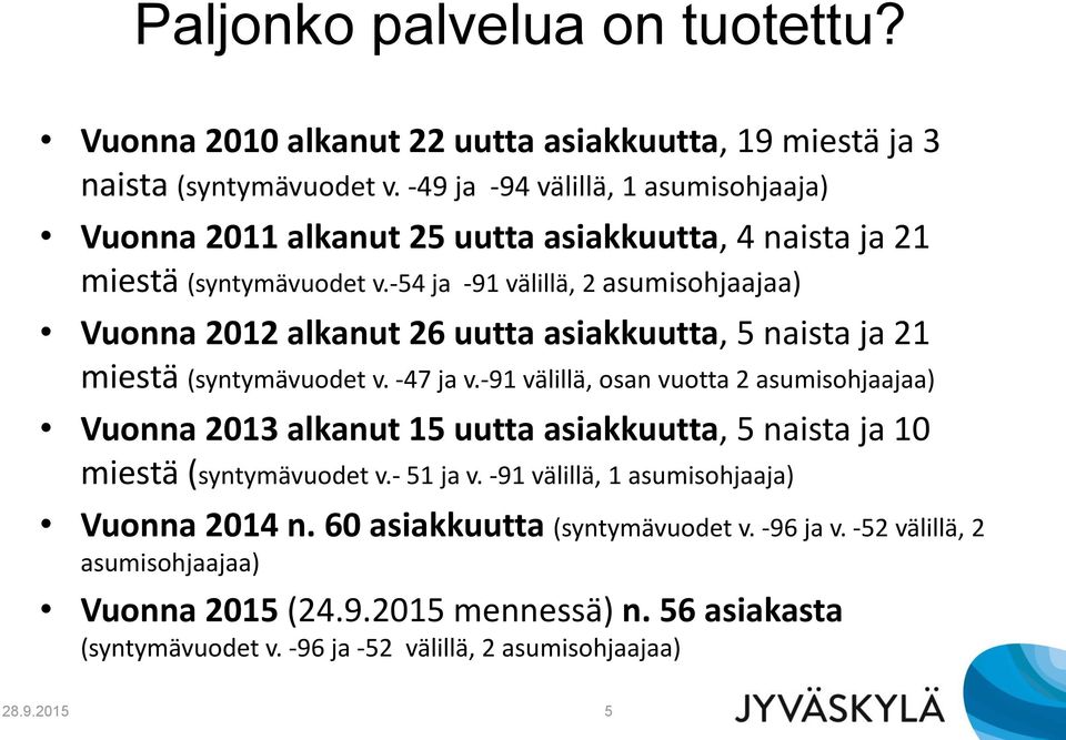 -54 ja -91 välillä, 2 asumisohjaajaa) Vuonna 2012 alkanut 26 uutta asiakkuutta, 5 naista ja 21 miestä (syntymävuodet v. -47 ja v.