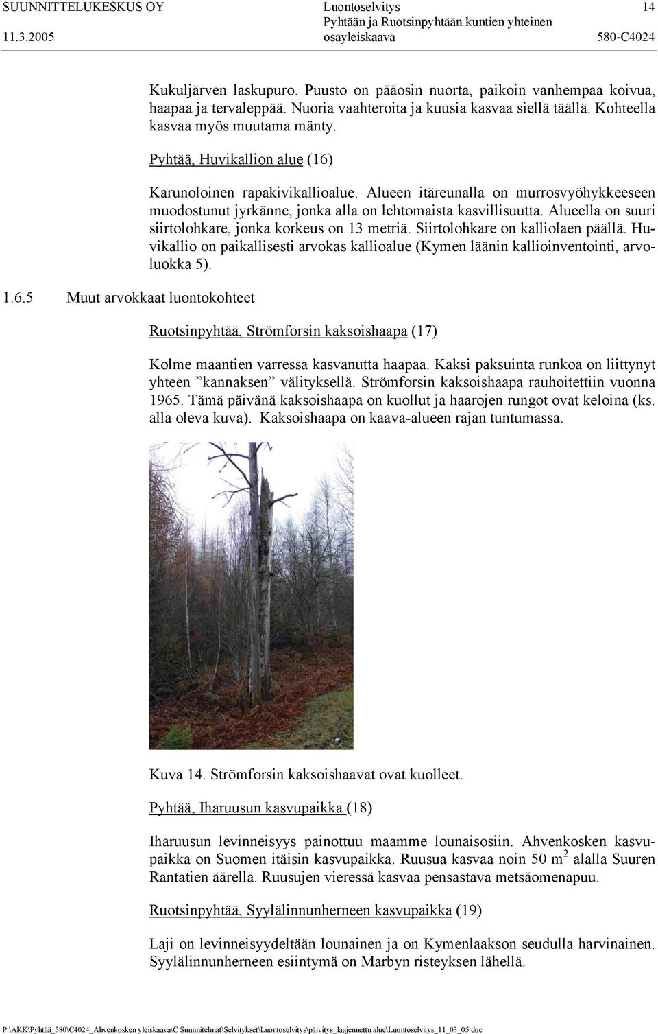 Alueen itäreunalla on murrosvyöhykkeeseen muodostunut jyrkänne, jonka alla on lehtomaista kasvillisuutta. Alueella on suuri siirtolohkare, jonka korkeus on 13 metriä.