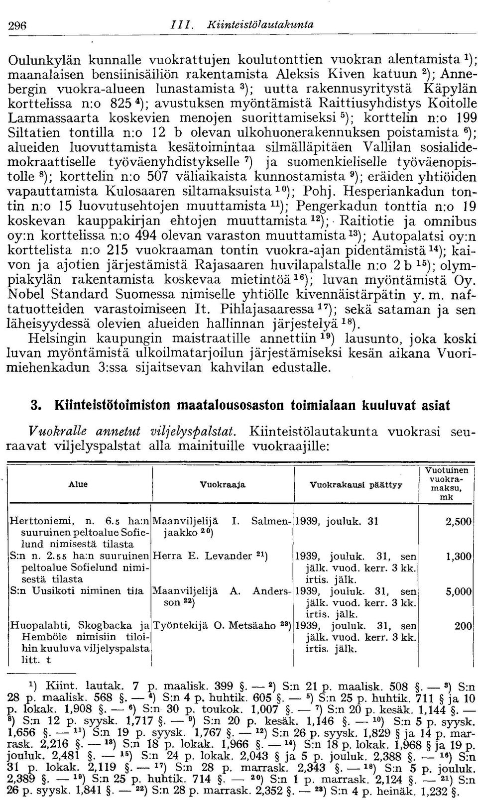 uutta rakennusyritystä Käpylän korttelissa n:o 825 4 ); avustuk myöntämistä Raittiusyhdistys Koitolle Lammassaarta koskevien menojen suorittamiseksi 5 ); korttelin n:o 199 Siltatien tontilla n:o 12 b