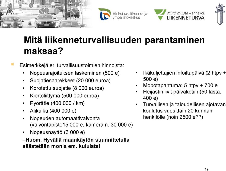 (500 000 euroa) Pyörätie (400 000 / km) Alikulku (400 000 e) Nopeuden automaattivalvonta (valvontapiste15 000 e, kamera n. 30 000 e) Nopeusnäyttö (3 000 e) Huom.