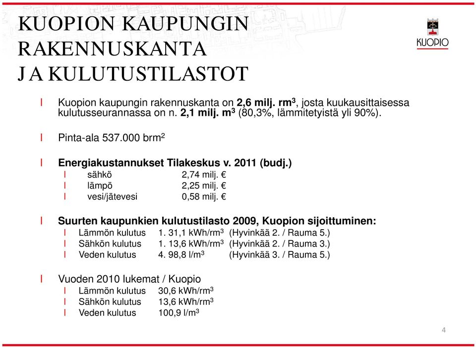 Suurten kaupunkien kuutustiasto 2009, Kuopion sijoittuminen: Lämmön kuutus 1. 31,1 kwh/rm 3 (Hyvinkää 2. / Rauma 5.) Sähkön kuutus 1. 13,6 kwh/rm 3 (Hyvinkää 2.