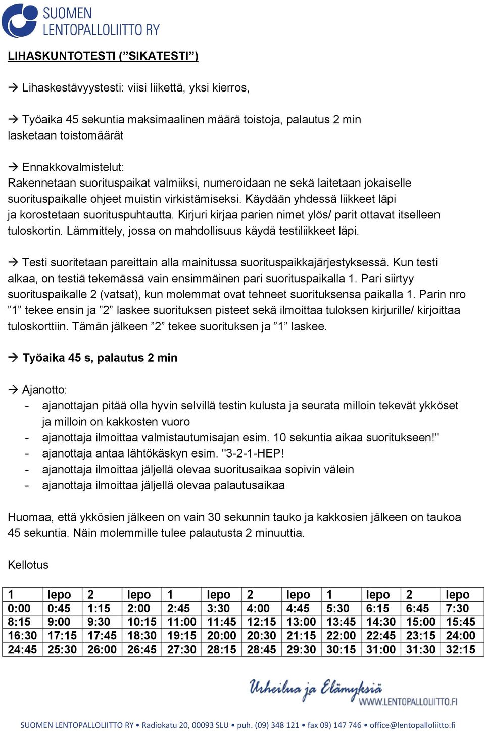 Kirjuri kirjaa parien nimet ylös/ parit ottavat itselleen tuloskortin. Lämmittely, jossa on mahdollisuus käydä testiliikkeet läpi.