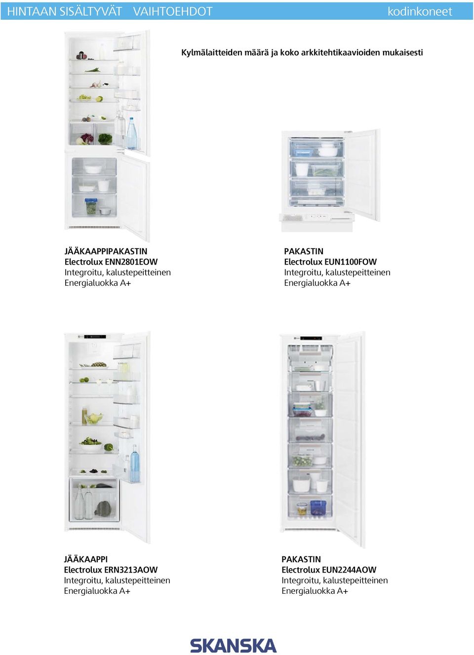 EUN1100FOW Integroitu, kalustepeitteinen Energialuokka A+ JÄÄKAAPPI Electrolux ERN3213AOW Integroitu,