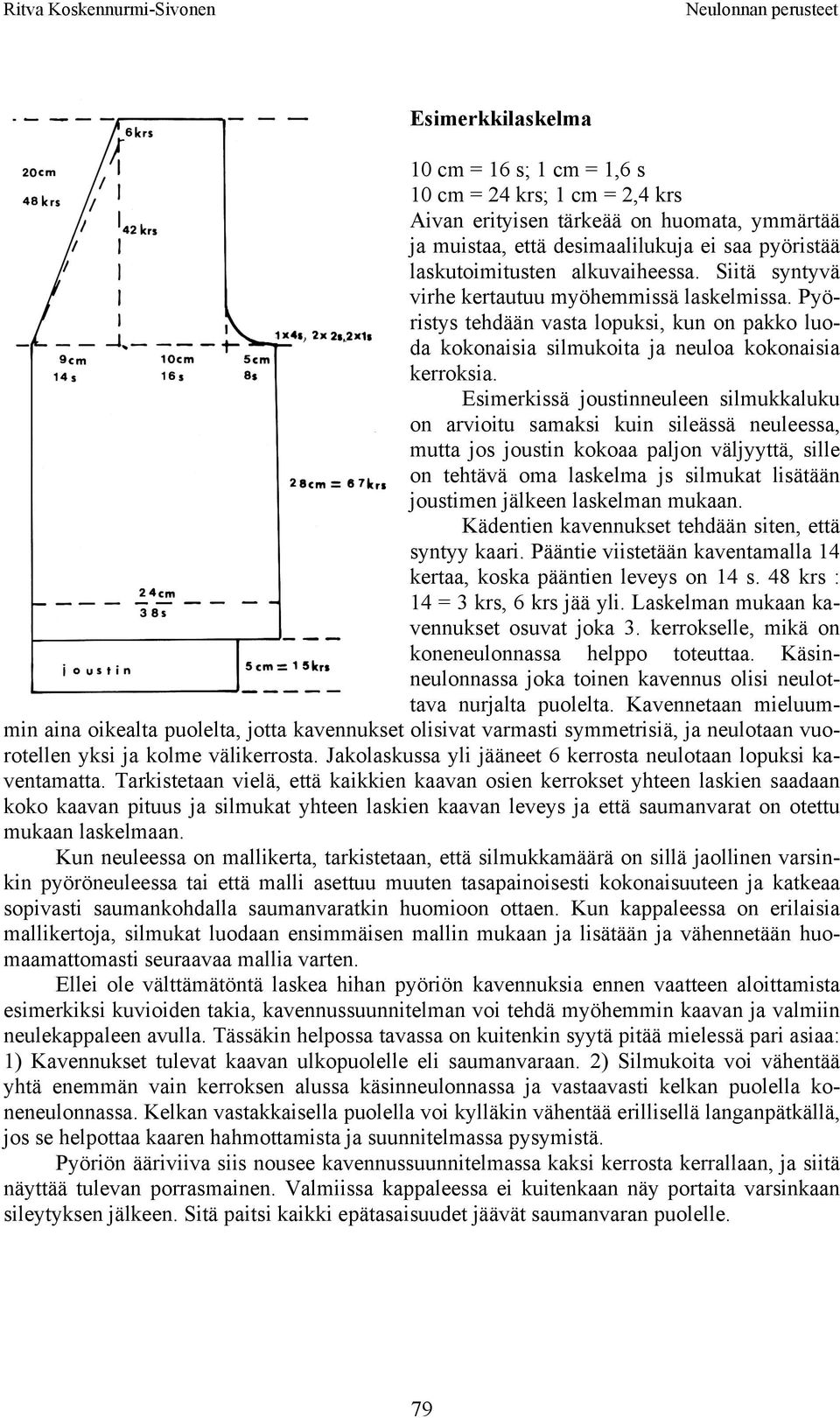 Esimerkissä joustinneuleen silmukkaluku on arvioitu samaksi kuin sileässä neuleessa, mutta jos joustin kokoaa paljon väljyyttä, sille on tehtävä oma laskelma js silmukat lisätään joustimen jälkeen