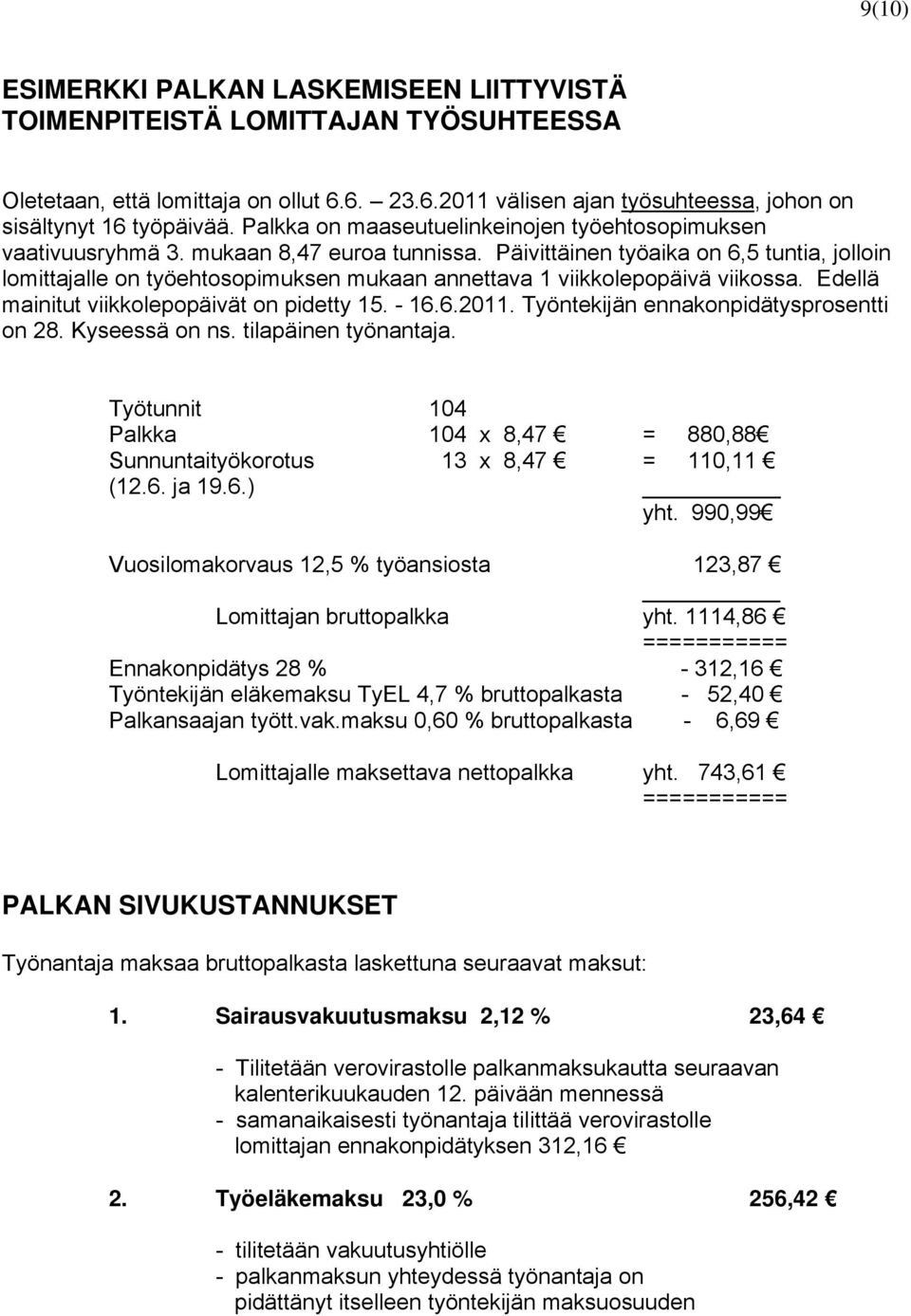 Päivittäinen työaika on 6,5 tuntia, jolloin lomittajalle on työehtosopimuksen mukaan annettava 1 viikkolepopäivä viikossa. Edellä mainitut viikkolepopäivät on pidetty 15. - 16.6.2011.