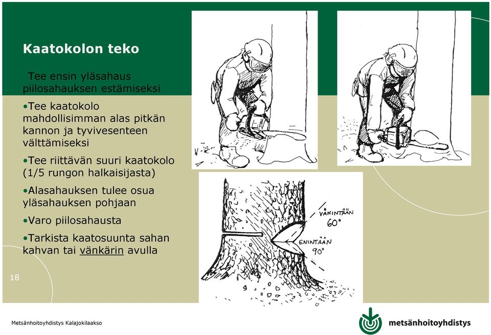 suuri kaatokolo (1/5 rungon halkaisijasta) Alasahauksen tulee osua yläsahauksen