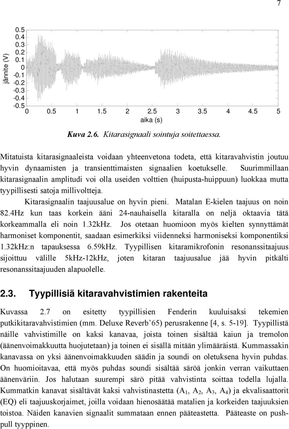 Suurimmillaan kitarasignaalin amplitudi voi olla useiden volttien (huipusta-huippuun) luokkaa mutta tyypillisesti satoja millivoltteja. itarasignaalin taajuusalue on hyvin pieni.