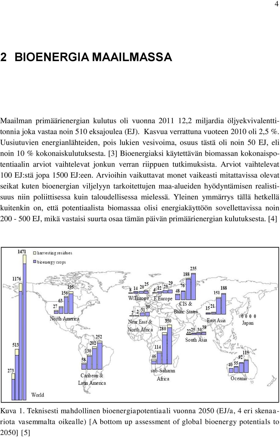 [3] Bioenergiaksi käytettävän biomassan kokonaispotentiaalin arviot vaihtelevat jonkun verran riippuen tutkimuksista. Arviot vaihtelevat 100 EJ:stä jopa 1500 EJ:een.