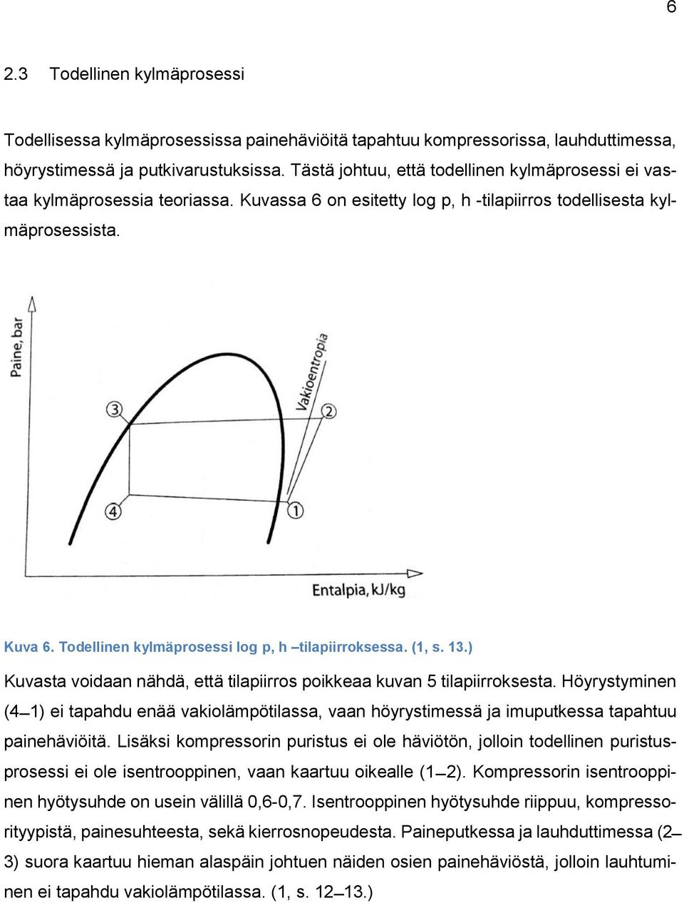 Todellinen kylmäprosessi log p, h tilapiirroksessa. (1, s. 13.) Kuvasta voidaan nähdä, että tilapiirros poikkeaa kuvan 5 tilapiirroksesta.