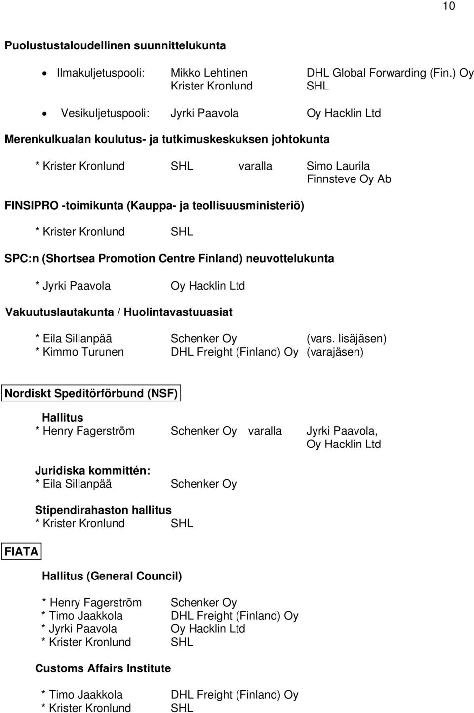ja teollisuusministeriö) SPC:n (Shortsea Promotion Centre Finland) neuvottelukunta * Jyrki Paavola Oy Hacklin Ltd Vakuutuslautakunta / Huolintavastuuasiat * Eila Sillanpää Schenker Oy (vars.