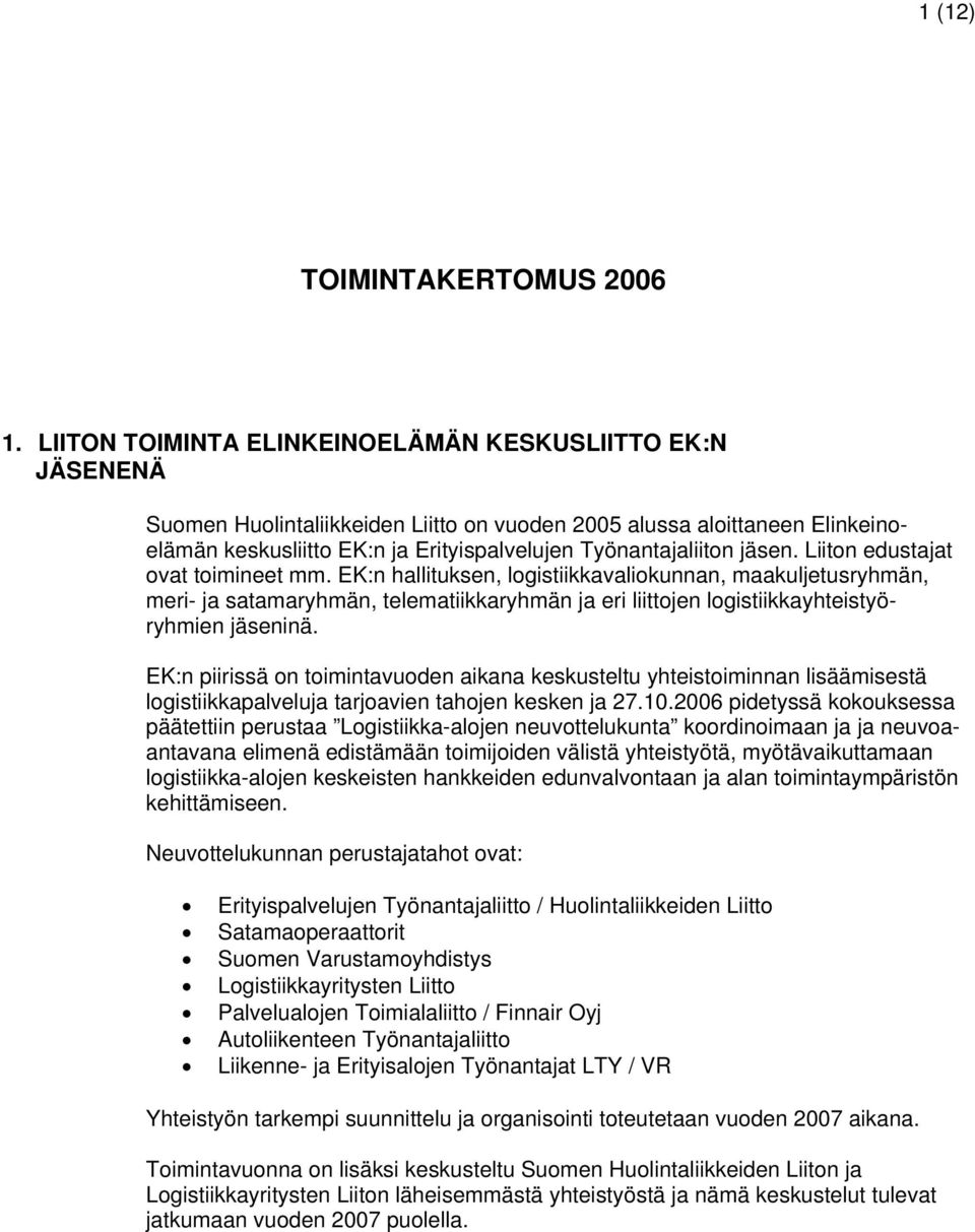 jäsen. Liiton edustajat ovat toimineet mm. EK:n hallituksen, logistiikkavaliokunnan, maakuljetusryhmän, meri- ja satamaryhmän, telematiikkaryhmän ja eri liittojen logistiikkayhteistyöryhmien jäseninä.