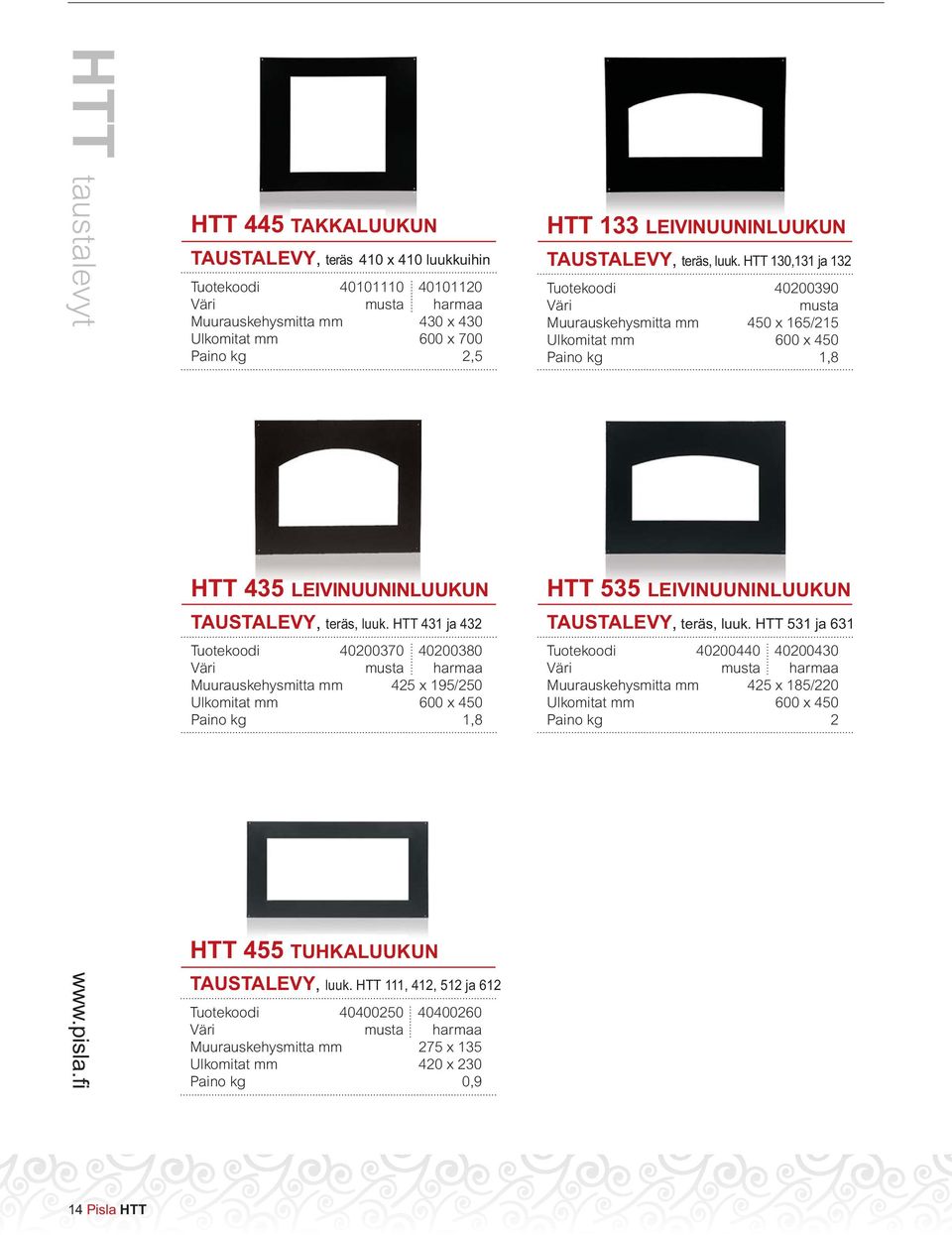 HTT 130,131 ja 132 Tuotekoodi 40200390 Muurauskehysmitta mm 450 x 165/215 Ulkomitat mm 600 x 450 Paino kg 1,8 HTT 435  HTT 431 ja 432 Tuotekoodi 40200370 40200380 harmaa Muurauskehysmitta mm 425 x