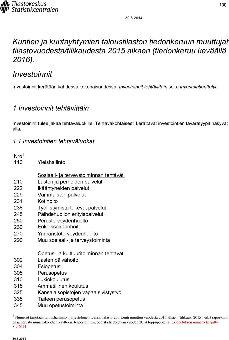 Tehtäväkohtaisesti kerättävät investointien tavaratyypit näkyvät alla. 1.