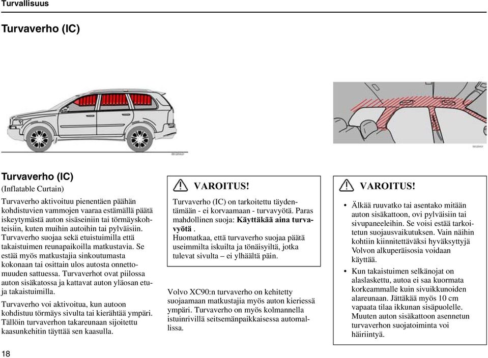 Se estää myös matkustajia sinkoutumasta kokonaan tai osittain ulos autosta onnettomuuden sattuessa. Turvaverhot ovat piilossa auton sisäkatossa ja kattavat auton yläosan etuja takaistuimilla.