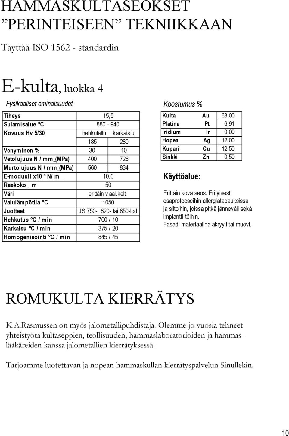 1050 JS 750-, 820- tai 850-lod 700 / 10 375 / 20 845 / 45 Iridium Hopea Kupari Sinkki Ir Ag Cu Zn 68,00 6,91 0,09 12,00 12,50 0,50 Erittäin kova seos.