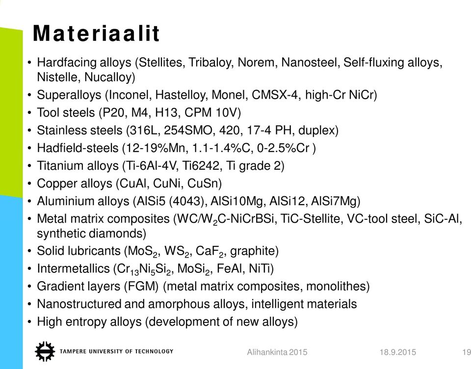 5%Cr ) Titanium alloys (Ti-6Al-4V, Ti6242, Ti grade 2) Copper alloys (CuAl, CuNi, CuSn) Aluminium alloys (AlSi5 (4043), AlSi10Mg, AlSi12, AlSi7Mg) Metal matrix composites (WC/W 2 C-NiCrBSi,