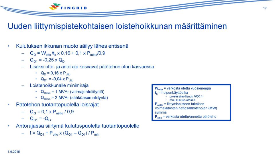 Pätötehon tuotantopuolella loisrajat Q G = 0,1 x P netto / 0,9 Q G1 = -Q G Antorajassa siirtymä kulutuspuolelta tuotantopuolelle l = Q D1 + P otto x (Q G1 Q D1 ) / P min W otto = verkosta otettu