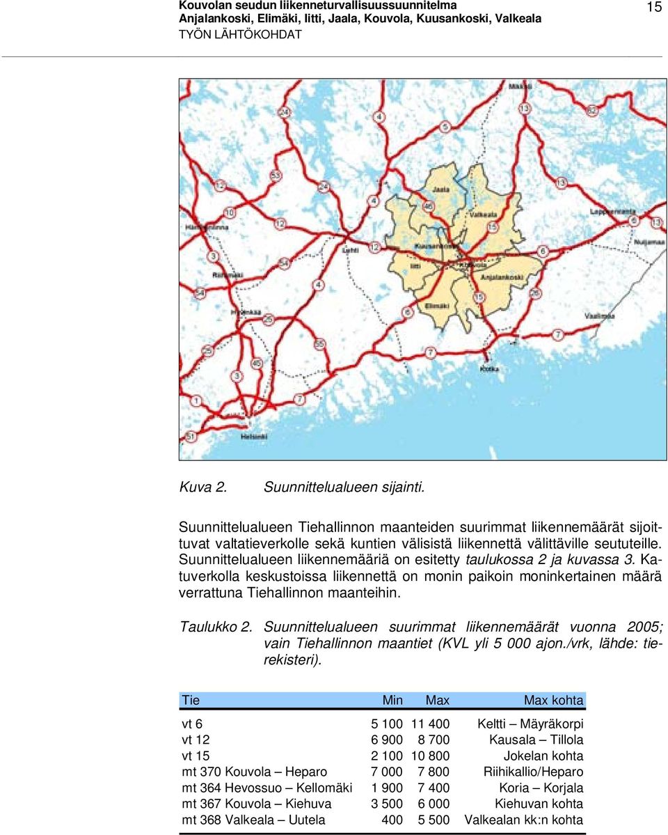 Suunnittelualueen liikennemääriä on esitetty taulukossa 2 ja kuvassa 3. Katuverkolla keskustoissa liikennettä on monin paikoin moninkertainen määrä verrattuna Tiehallinnon maanteihin. Taulukko 2.