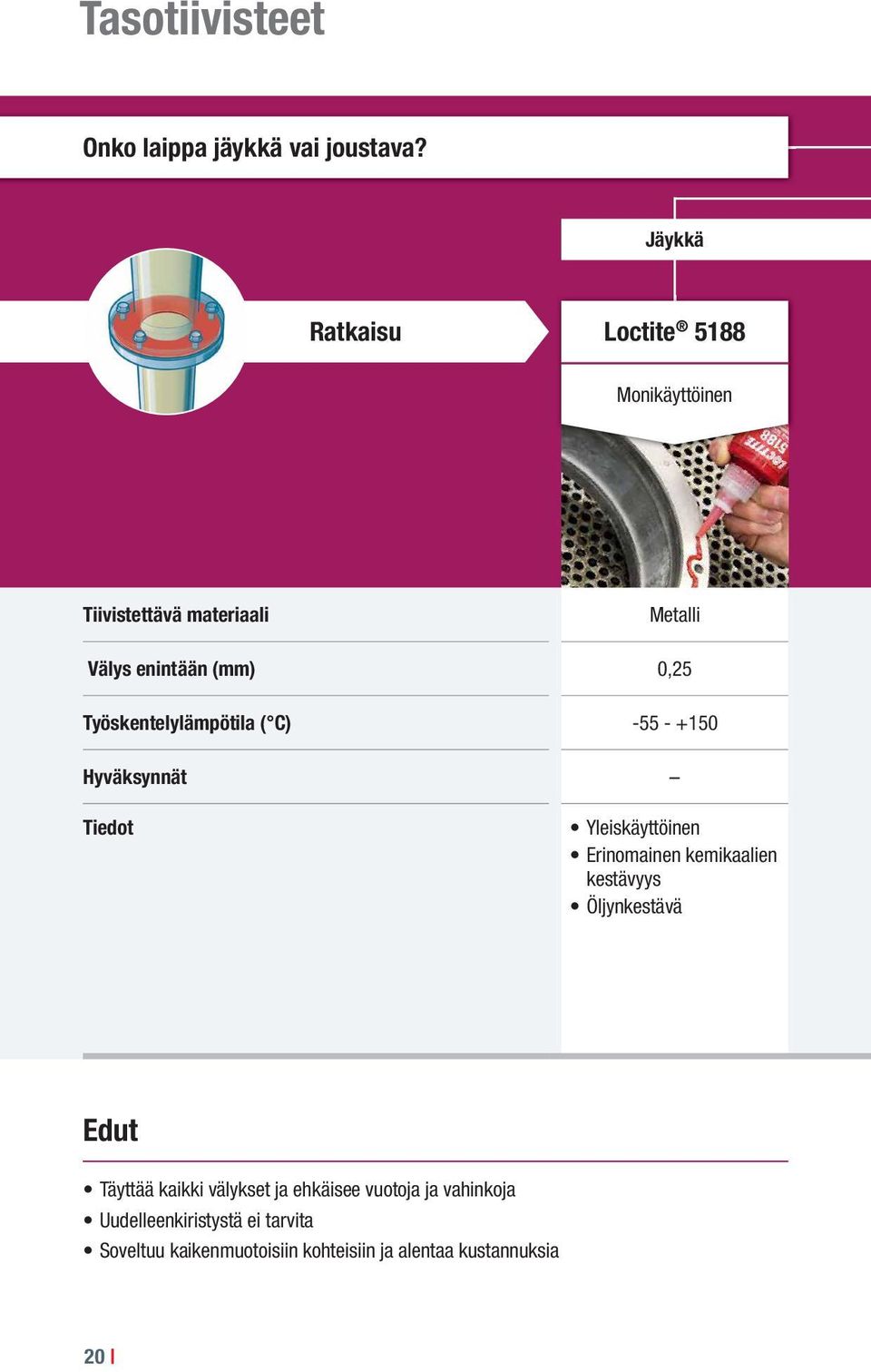 Työskentelylämpötila ( C) -55 - +150 Hyväksynnät Tiedot Yleiskäyttöinen Erinomainen kemikaalien kestävyys