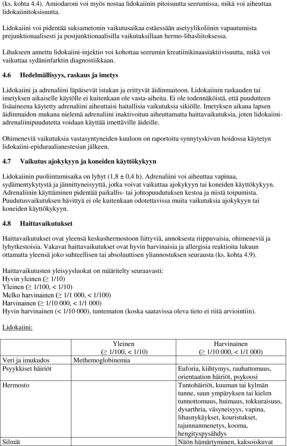 Lihakseen annettu lidokaiini-injektio voi kohottaa seerumin kreatiinikinaasiaktiivisuutta, mikä voi vaikuttaa sydäninfarktin diagnostiikkaan. 4.