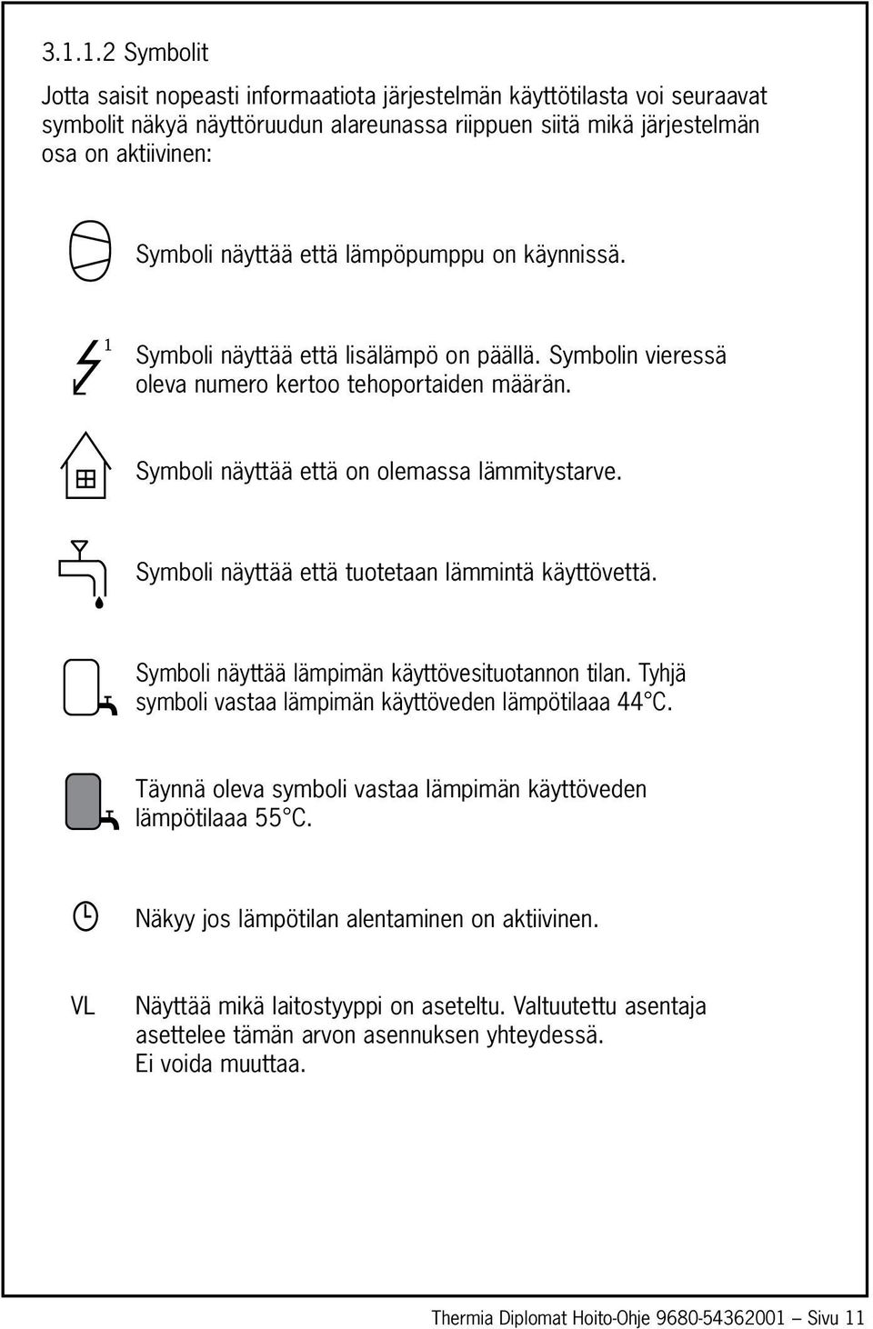 Symboli näyttää että tuotetaan lämmintä käyttövettä. Symboli näyttää lämpimän käyttövesituotannon tilan. Tyhjä symboli vastaa lämpimän käyttöveden lämpötilaaa 44 C.