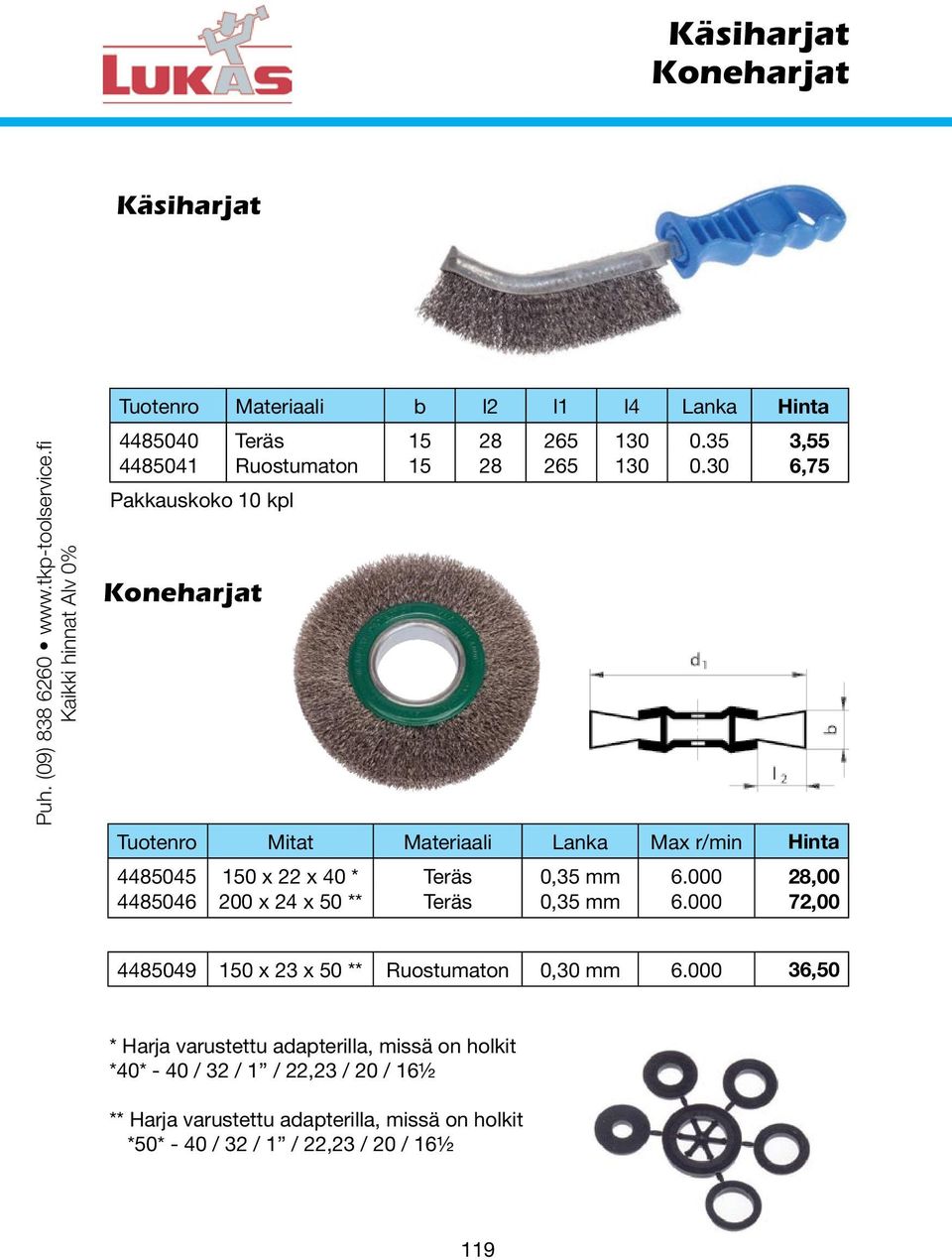 30 6,75 Pakkauskoko 10 kpl Koneharjat Tuotenro Mitat Materiaali Lanka Max r/min Hinta 4485045 150 x 22 x 40 * Teräs 0,35 mm 6.