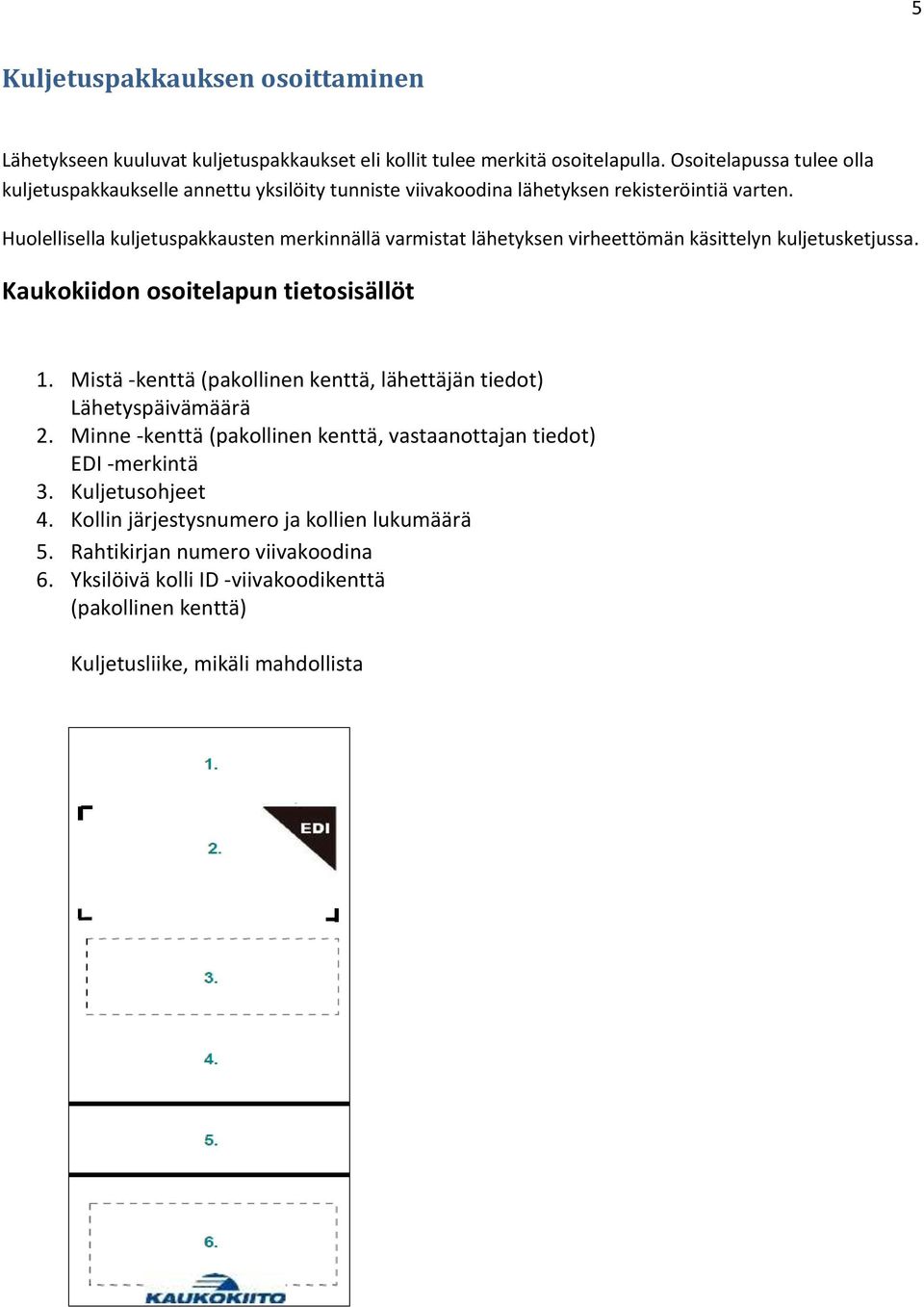 Huolellisella kuljetuspakkausten merkinnällä varmistat lähetyksen virheettömän käsittelyn kuljetusketjussa. Kaukokiidon osoitelapun tietosisällöt 1.