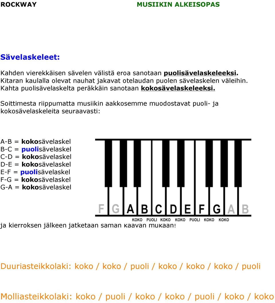 Soittimesta riippumatta musiikin aakkosemme muodostavat puoli- ja kokosävelaskeleita seuraavasti: A-B = kokosävelaskel B-C = puolisävelaskel C-D = kokosävelaskel D-E