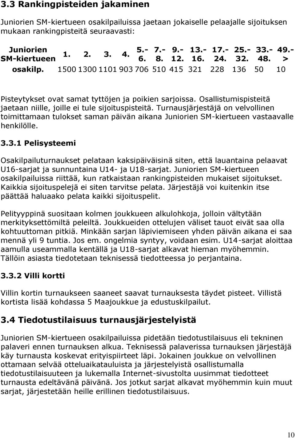 Osallistumispisteitä jaetaan niille, joille ei tule sijoituspisteitä. Turnausjärjestäjä on velvollinen toimittamaan tulokset saman päivän aikana Juniorien SM-kiertueen vastaavalle henkilölle. 3.