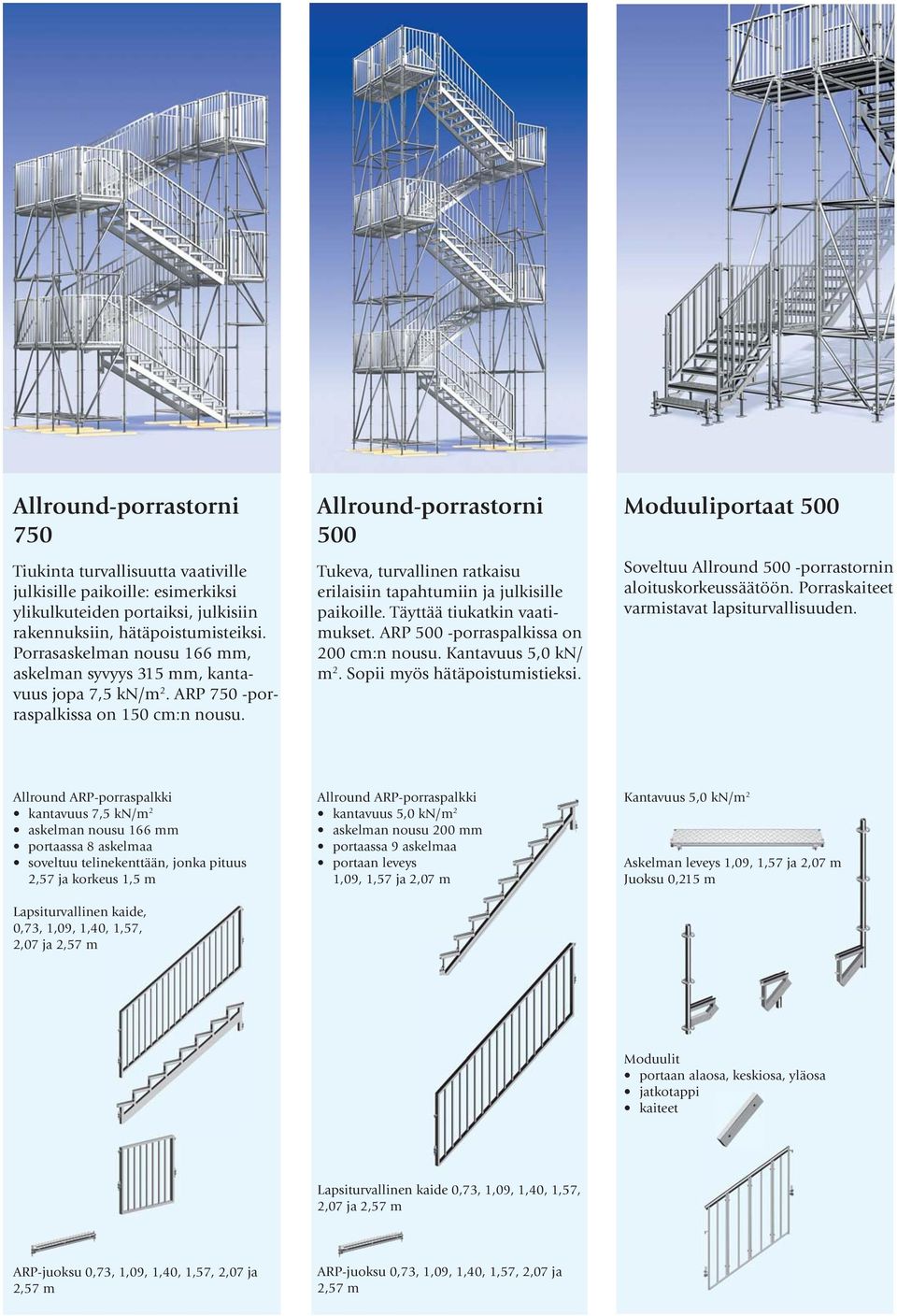 Allround-porrastorni 500 Tukeva, turvallinen ratkaisu erilaisiin tapahtumiin ja julkisille paikoille. Täyttää tiukatkin vaatimukset. ARP 500 -porraspalkissa on 200 cm:n nousu. Kantavuus 5,0 kn/ m 2.