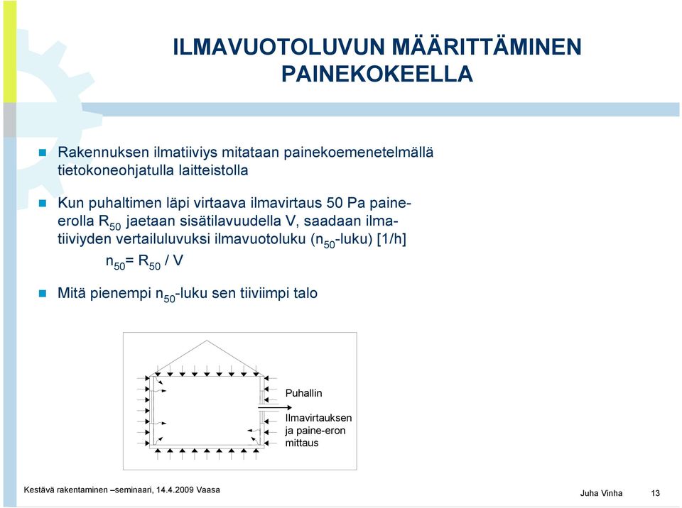 jaetaan sisätilavuudella V, saadaan ilmatiiviyden vertailuluvuksi ilmavuotoluku (n 50 -luku) [1/h] n