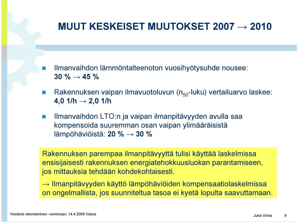 20 % 30 % Rakennuksen parempaa ilmanpitävyyttä tulisi käyttää laskelmissa ensisijaisesti rakennuksen energiatehokkuusluokan parantamiseen, jos mittauksia