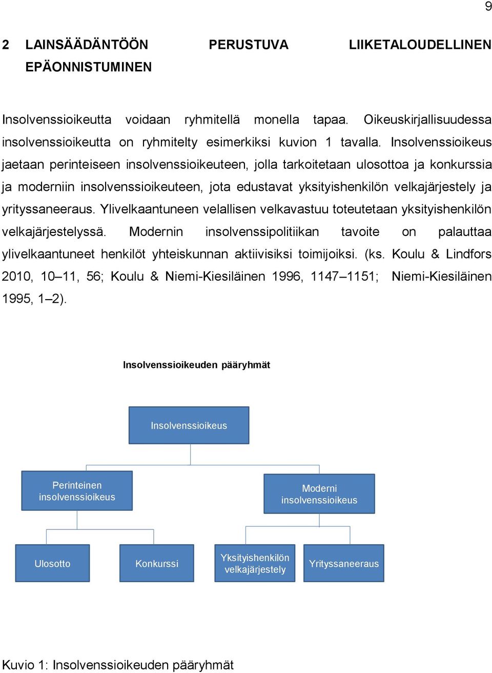 Insolvenssioikeus jaetaan perinteiseen insolvenssioikeuteen, jolla tarkoitetaan ulosottoa ja konkurssia ja moderniin insolvenssioikeuteen, jota edustavat yksityishenkilön velkajärjestely ja