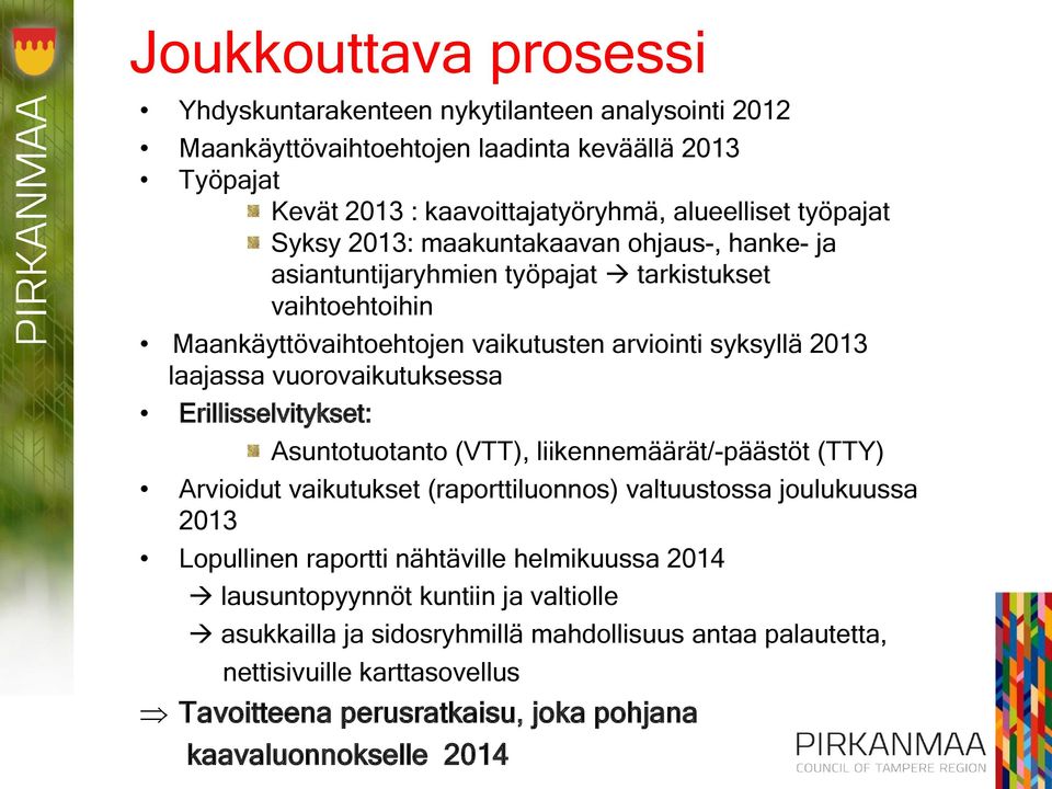 vuorovaikutuksessa Erillisselvitykset: Asuntotuotanto (VTT), liikennemäärät/-päästöt (TTY) Arvioidut vaikutukset (raporttiluonnos) valtuustossa joulukuussa 2013 Lopullinen raportti