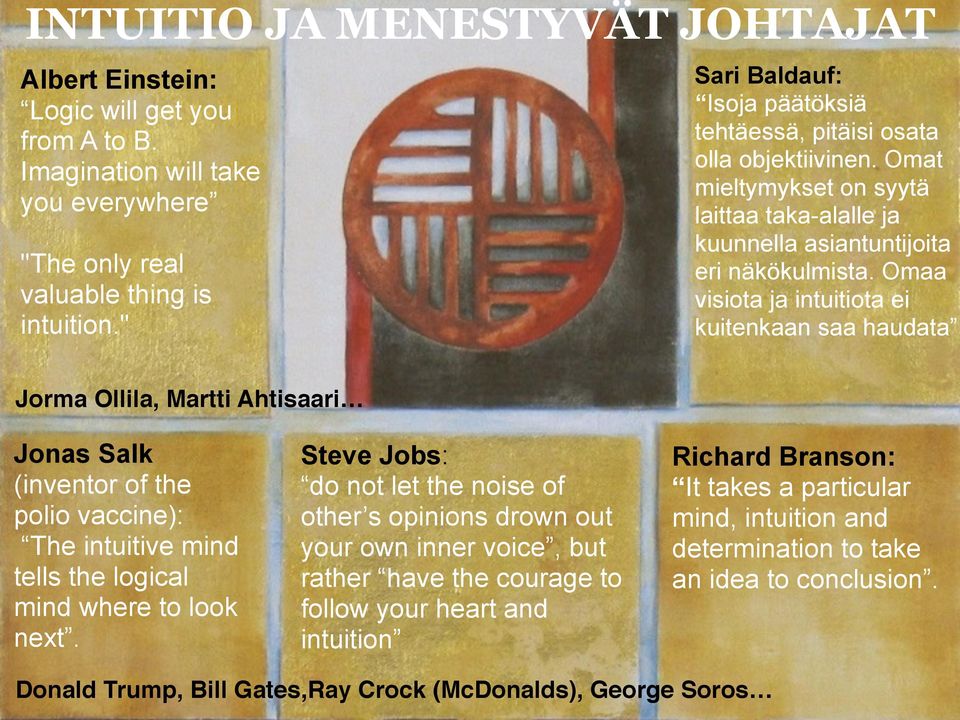INTUITIO JA MENESTYVÄT JOHTAJAT Jorma Ollila, Martti Ahtisaari Steve Jobs: do not let the noise of other s opinions drown out your own inner voice, but rather have the courage to follow your heart