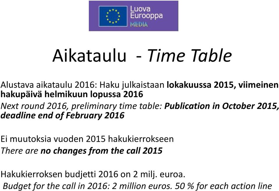of February 2016 Ei muutoksia vuoden 2015 hakukierrokseen There are no changes from the call 2015