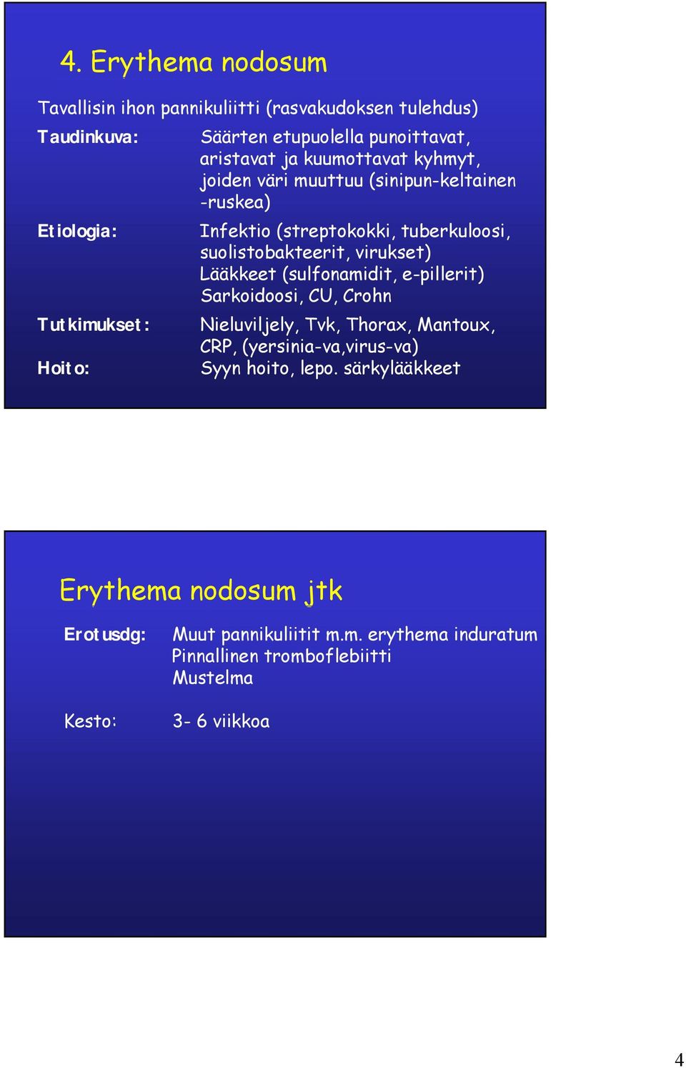 virukset) Lääkkeet (sulfonamidit, e pillerit) Sarkoidoosi, CU, Crohn Nieluviljely, Tvk, Thorax, Mantoux, CRP, (yersinia va,virus va) Syyn