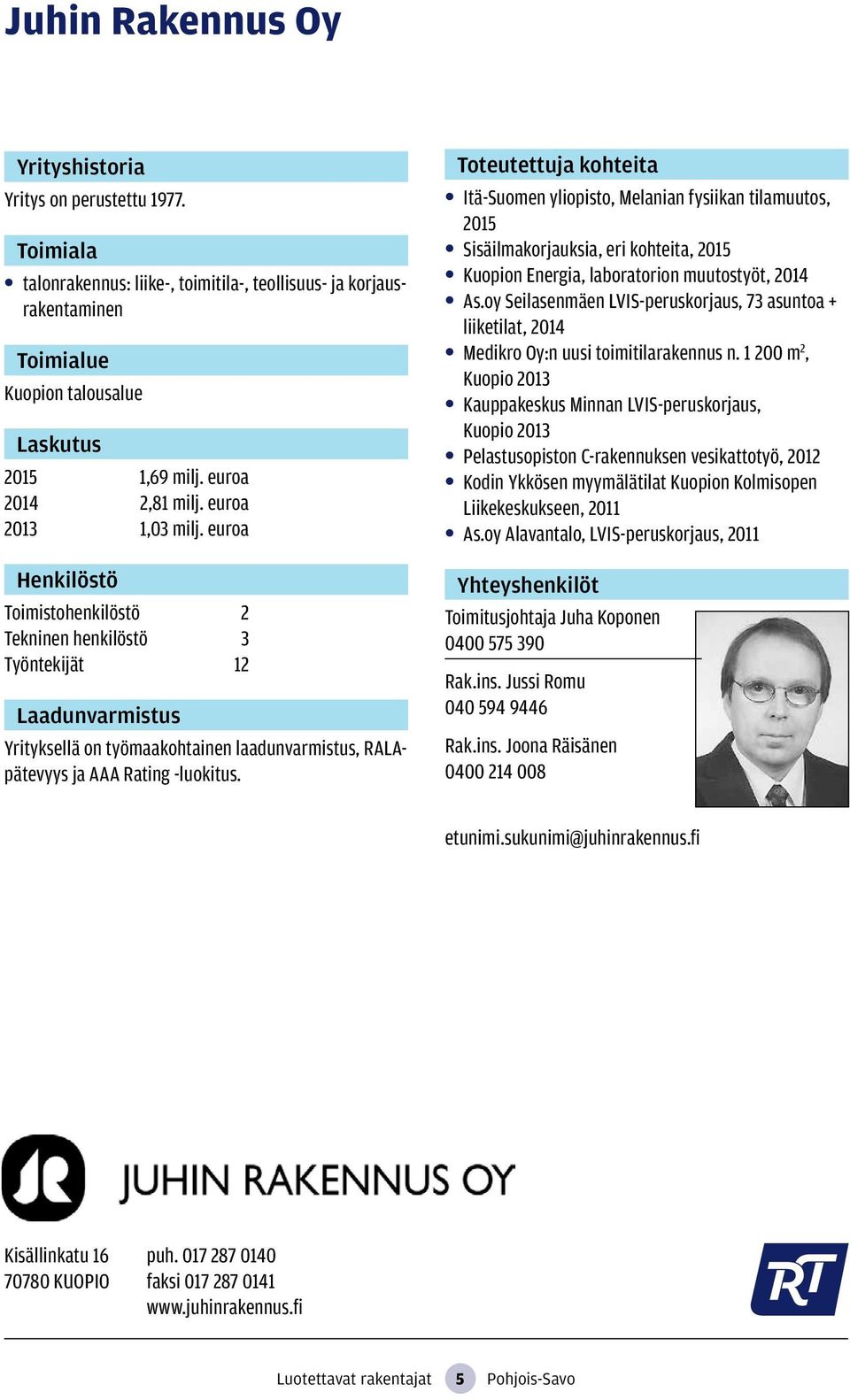 Itä-Suomen yliopisto, Melanian fysiikan tilamuutos, 2015 Sisäilmakorjauksia, eri kohteita, 2015 Kuopion Energia, laboratorion muutostyöt, 2014 As.