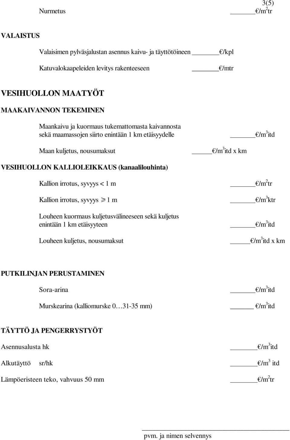 KALLIOLEIKKAUS (kanaalilouhinta) Kallion irrotus, syvyys < 1 m Kallion irrotus, syvyys 1 m Louheen kuormaus kuljetusvälineeseen sekä kuljetus Louheen kuljetus,