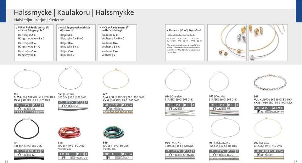 Ketjut A Riipuksiin A + B + C Ketjut B Riipuksiin B + C Ketjut C Riipuksiin C > Hvilken kæde passer til hvilket vedhæng?