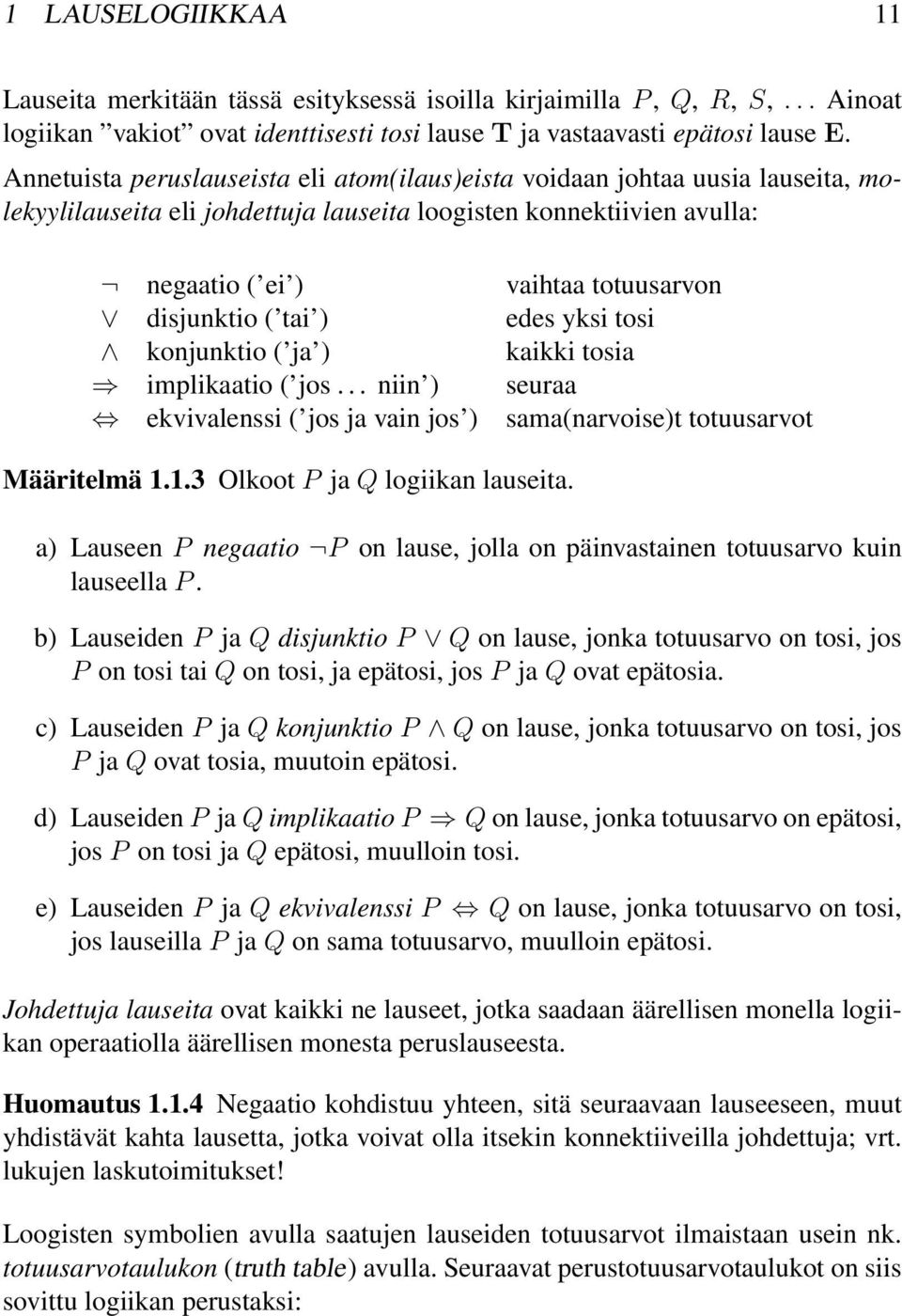 ( tai ) edes yksi tosi konjunktio ( ja ) kaikki tosia implikaatio ( jos... niin ) seuraa ekvivalenssi ( jos ja vain jos ) sama(narvoise)t totuusarvot Määritelmä..3 Olkoot P ja Q logiikan lauseita.