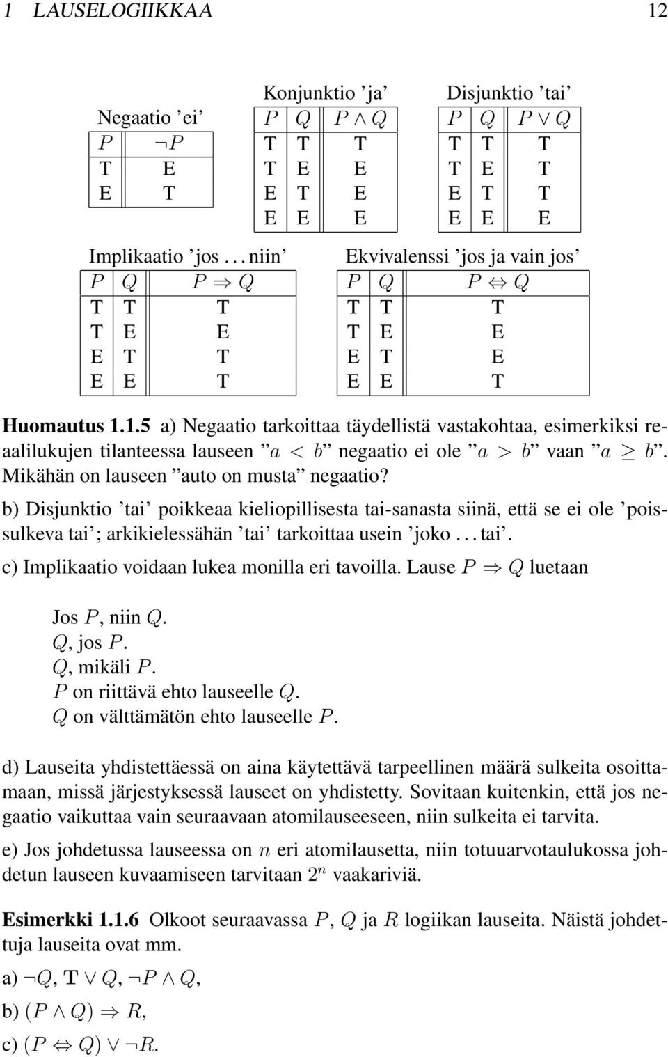 Huomautus..5 a) Negaatio tarkoittaa täydellistä vastakohtaa, esimerkiksi reaalilukujen tilanteessa lauseen a < b negaatio ei ole a > b vaan a b. Mikähän on lauseen auto on musta negaatio?
