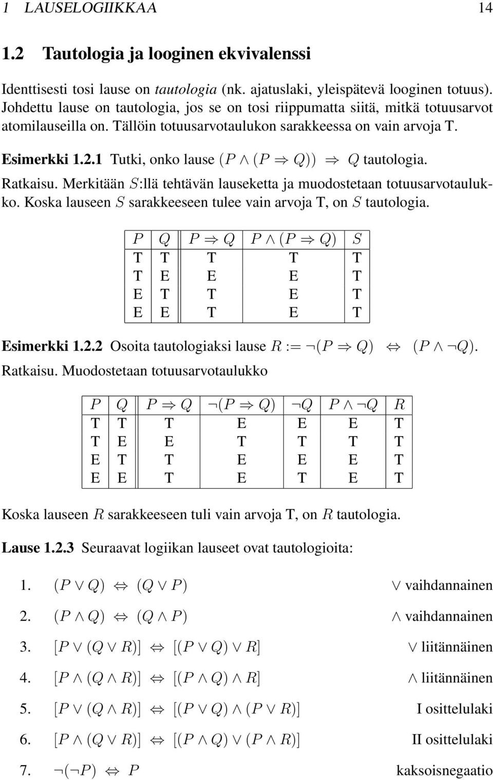 . Tutki, onko lause (P (P Q)) Q tautologia. Ratkaisu. Merkitään S:llä tehtävän lauseketta ja muodostetaan totuusarvotaulukko. Koska lauseen S sarakkeeseen tulee vain arvoja T, on S tautologia.
