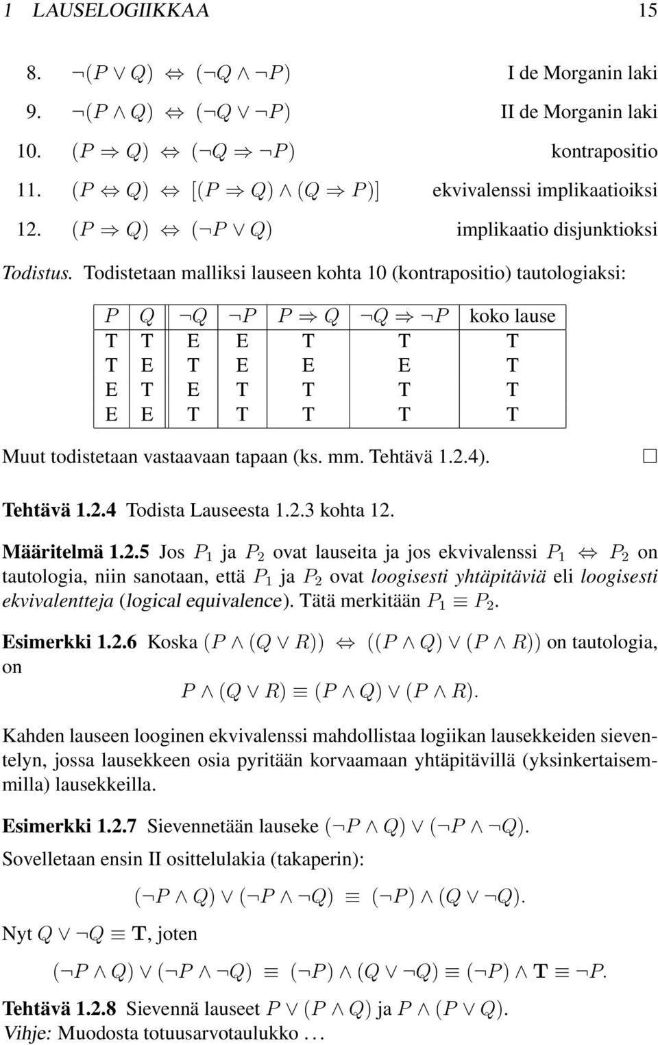 Todistetaan malliksi lauseen kohta 0 (kontrapositio) tautologiaksi: P Q Q P P Q Q P koko lause T T E E T T T T E T E E E T E T E T T T T E E T T T T T Muut todistetaan vastaavaan tapaan (ks. mm.