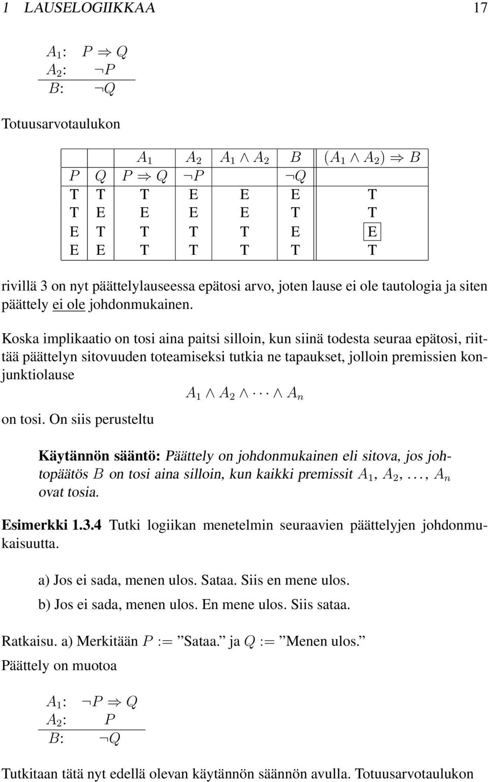 Koska implikaatio on tosi aina paitsi silloin, kun siinä todesta seuraa epätosi, riittää päättelyn sitovuuden toteamiseksi tutkia ne tapaukset, jolloin premissien konjunktiolause A A A n on tosi.