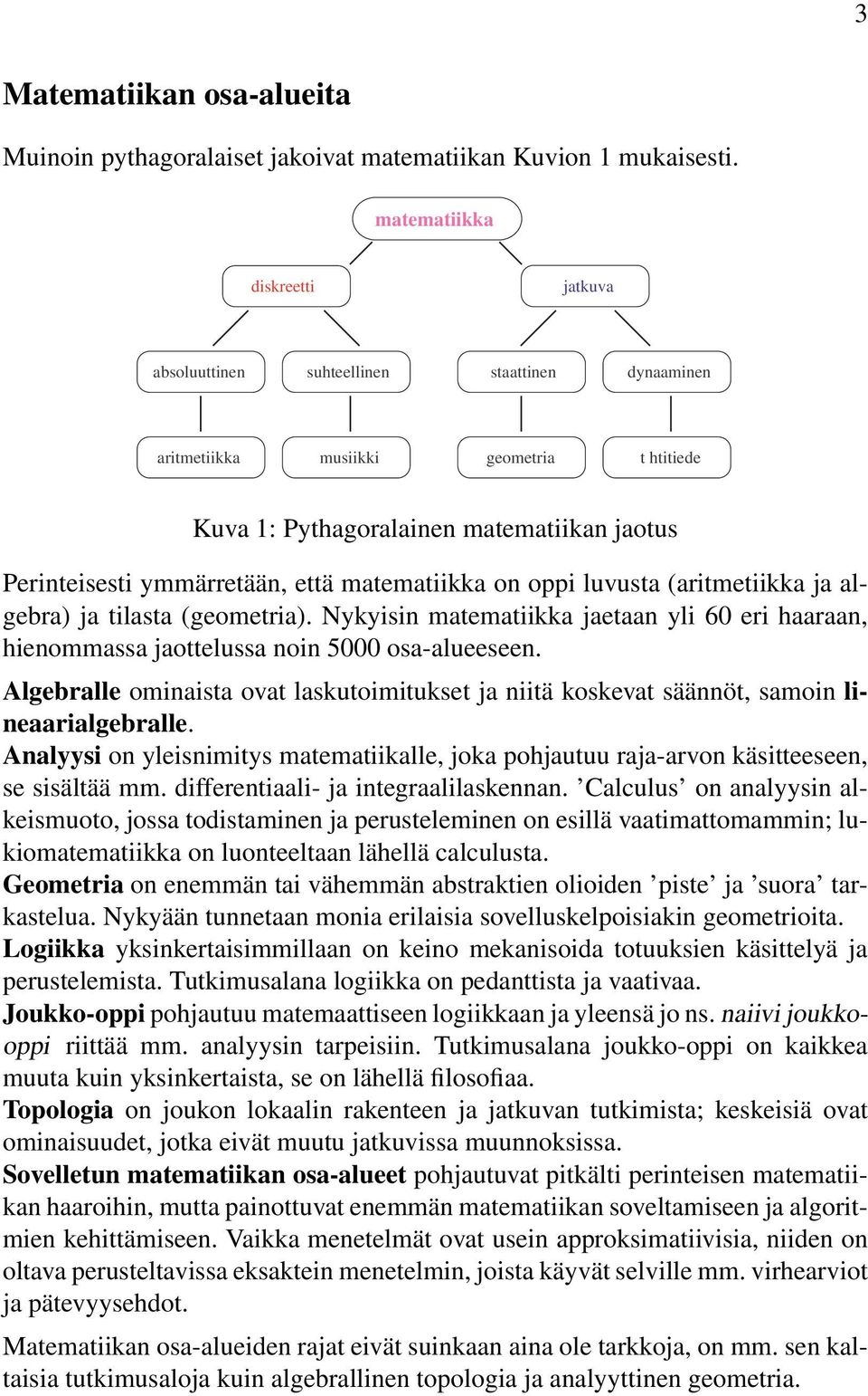 matematiikka on oppi luvusta (aritmetiikka ja algebra) ja tilasta (geometria). Nykyisin matematiikka jaetaan yli 60 eri haaraan, hienommassa jaottelussa noin 5000 osa-alueeseen.