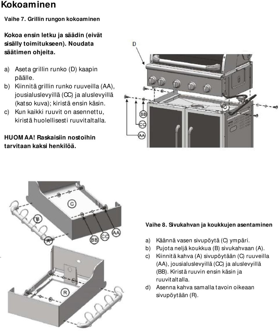 HUOMAA! Raskaisiin nostoihin tarvitaan kaksi henkilöä. Vaihe 8. Sivukahvan ja koukkujen asentaminen a) Käännä vasen sivupöytä (C) ympäri. b) Pujota neljä koukkua (B) sivukahvaan (A).