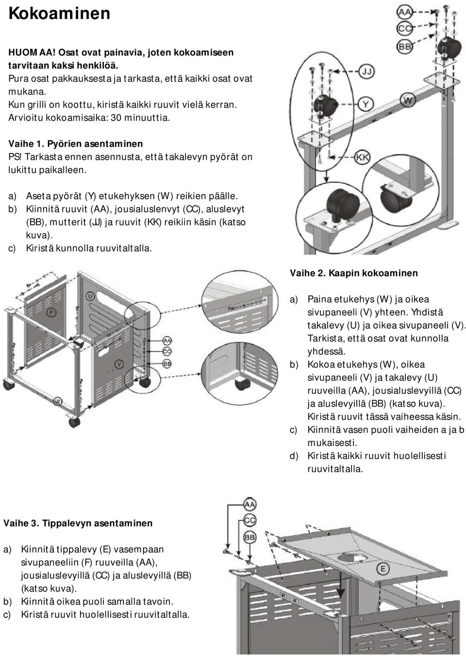 a) Aseta pyörät (Y) etukehyksen(w) reikienpäälle. b) Kiinnitäruuvit(AA), jousialuslenvyt(cc), aluslevyt (BB), mutterit(jj) ja ruuvit(kk) reikiin käsin (katso kuva). c) Kiristä kunnolla ruuvitaltalla.