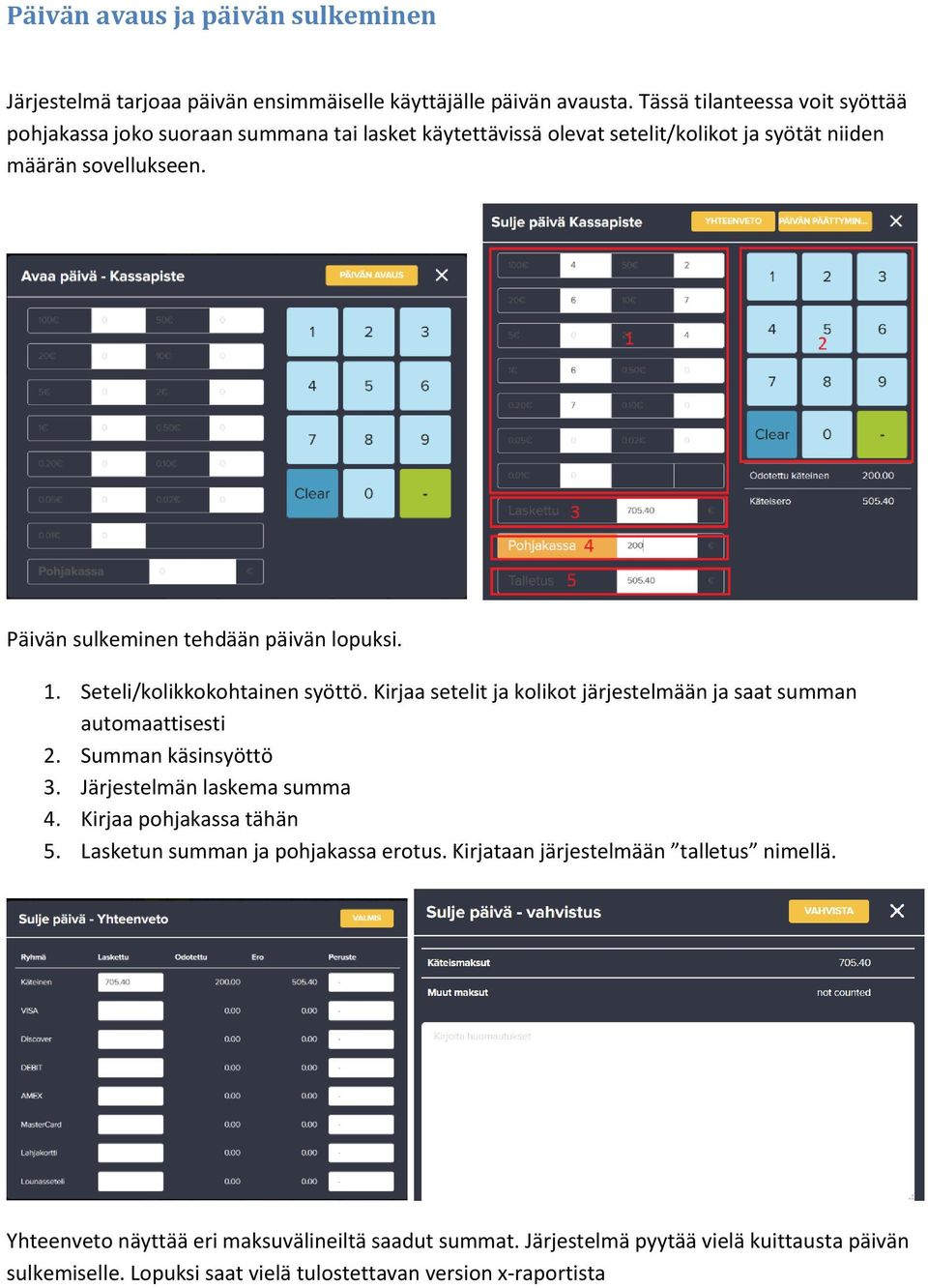 Päivän sulkeminen tehdään päivän lopuksi. 1. Seteli/kolikkokohtainen syöttö. Kirjaa setelit ja kolikot järjestelmään ja saat summan automaattisesti 2. Summan käsinsyöttö 3.