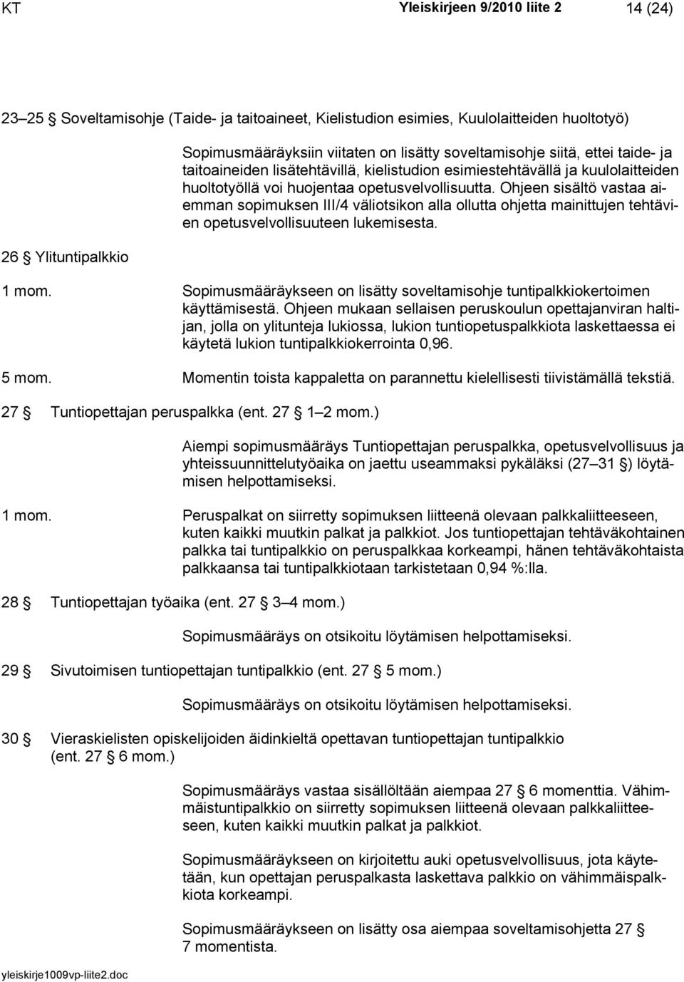 Ohjeen sisältö vastaa aiemman sopimuksen III/4 väliotsikon alla ollutta ohjetta mainittujen tehtävien opetusvelvollisuuteen lukemisesta. 1 mom.